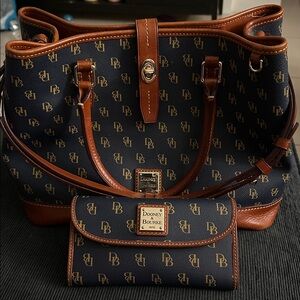 Dooney & Bourke Navy Blue and Tan Logo Tote and Wallet